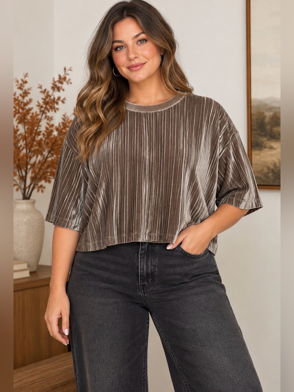 A New Day XXL Taupe Ribbed Velour Crop Top Oversized Y2K